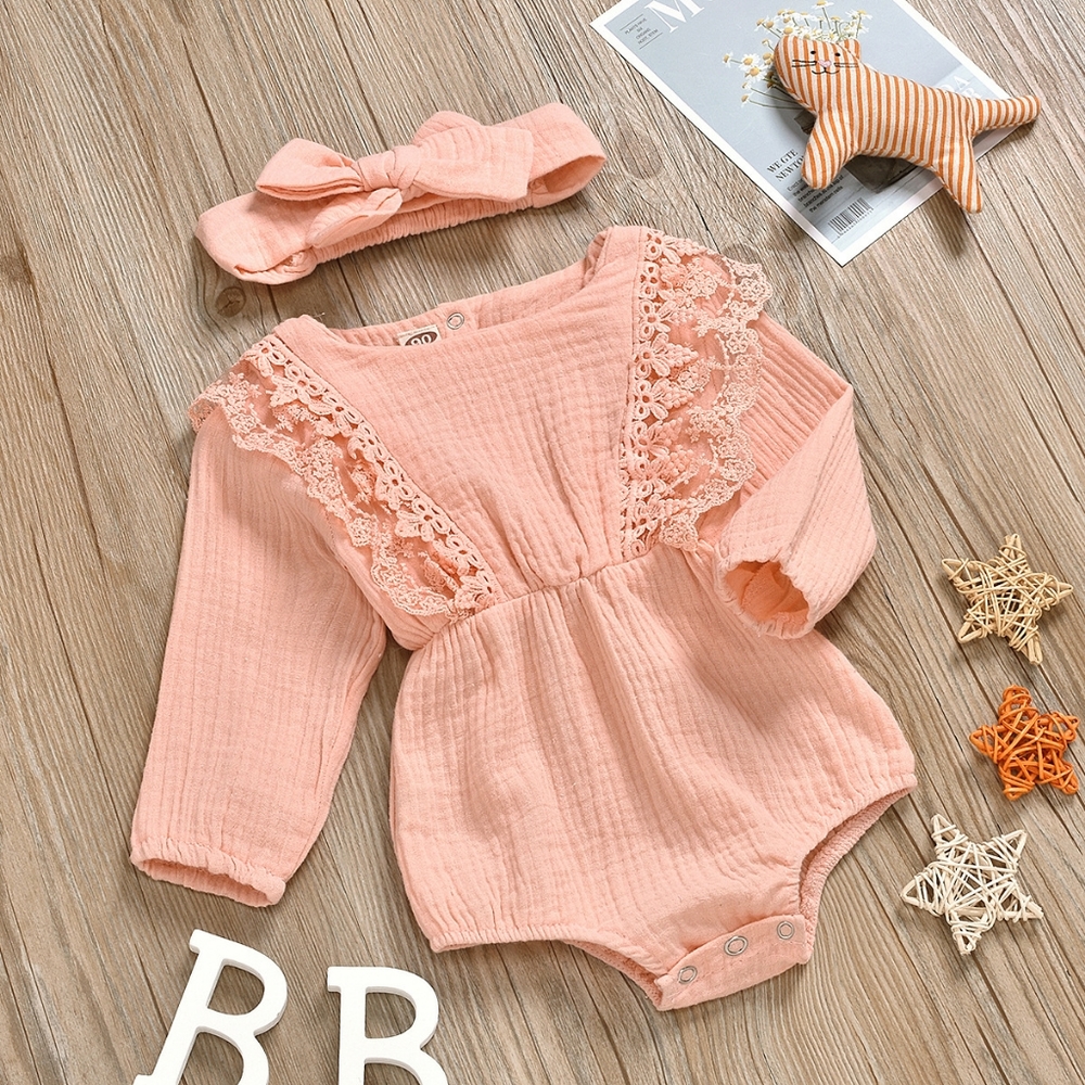 Coral Pink Long Sleeve Lace Muslin Baby Onesie & Matching Bow - Picture 2 of 8